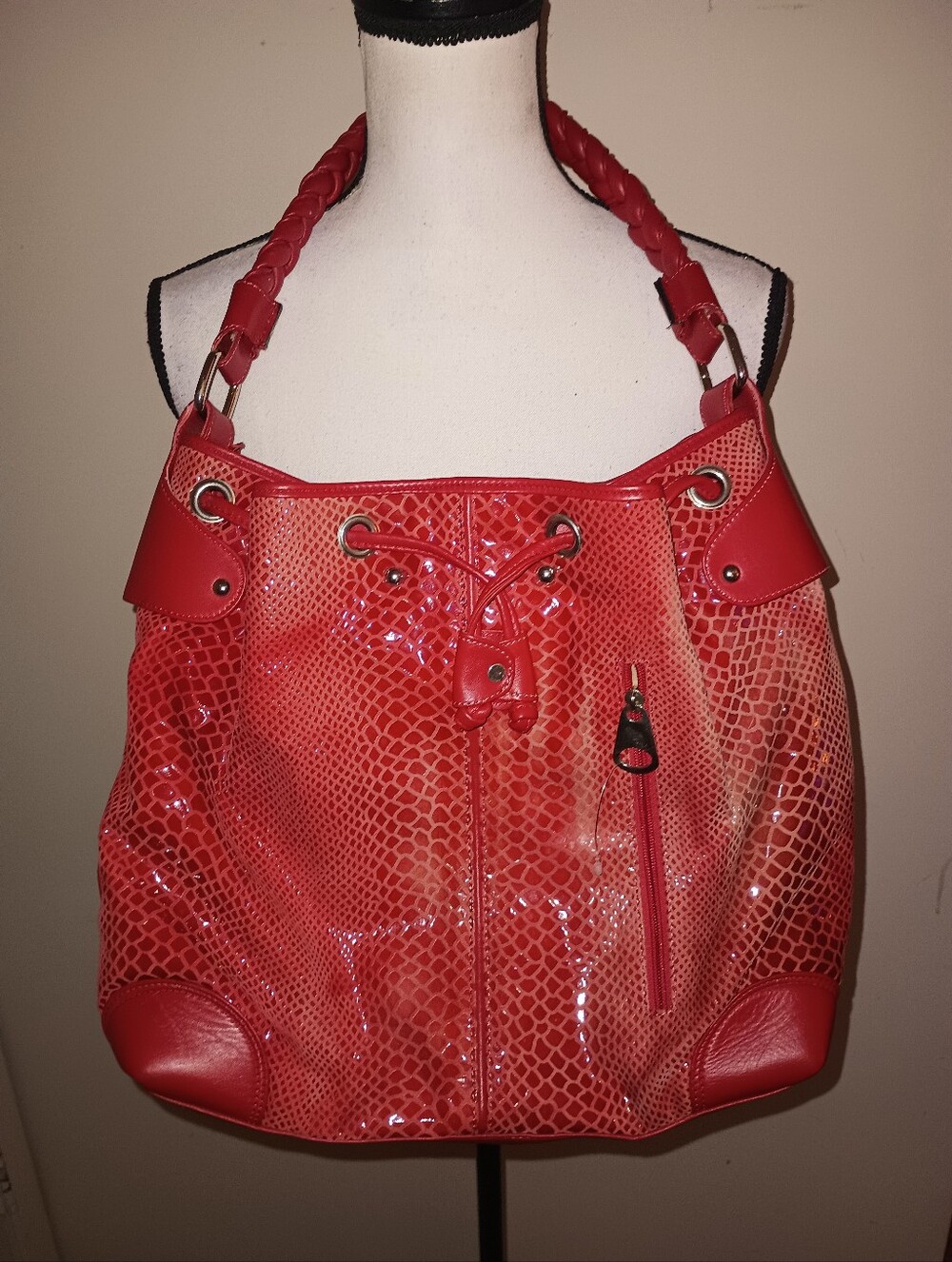 Red Snake-Texture Hobo Shoulder Bag